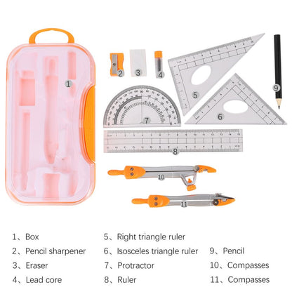 Uonlytech 1sets Student Geometry Math Set Metal Compass and Ruler Kit Eraser Sharpener and Storage Case for Drafting and Drawing for School and Office Use Random Color