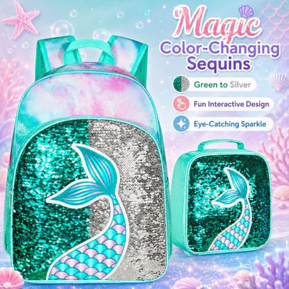 gxtvo 3PCS Girls Backpack, 16" Sequin Prechool Elementary Bookbag and Lunch Box - color: Fish Tail Green