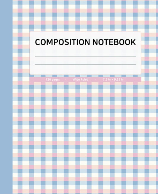 Composition Notebook Wide Ruled | Checkered Pattern with Light Blue Grey Spine Color | 120 Pages, 7.5x9.25 inches