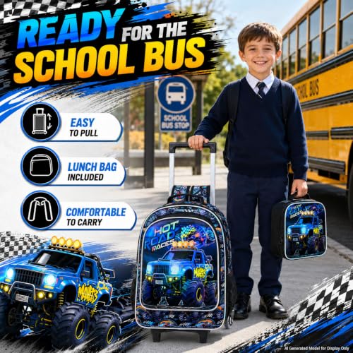 WZLVO 3PCS Boys Wheeled Backpack, 18" Truck Print Rolling Backpack for Kids, Includes Matching Lunch Bag & Pencil Bag - Blue Power Truck - color: 3PCS Boys Rolling Backpack - Blue Power Truck