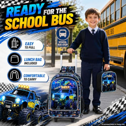 WZLVO 3PCS Boys Wheeled Backpack, 18" Truck Print Rolling Backpack for Kids, Includes Matching Lunch Bag & Pencil Bag - Blue Power Truck - color: 3PCS Boys Rolling Backpack - Blue Power Truck