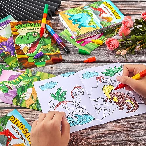 BenLouis 24 Dinosaur Mini Coloring Books Kids with 24 Stacking Crayons Dino Birthday Party Favors Activity Books Bulk for Kids Jurassic Goodie Bag Gift Stuffer Classroom Reward - style: Dinosaur