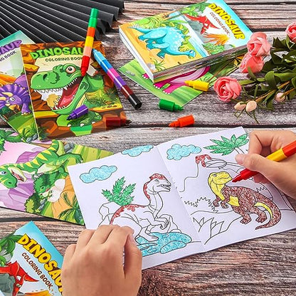 BenLouis 24 Dinosaur Mini Coloring Books Kids with 24 Stacking Crayons Dino Birthday Party Favors Activity Books Bulk for Kids Jurassic Goodie Bag Gift Stuffer Classroom Reward - style: Dinosaur