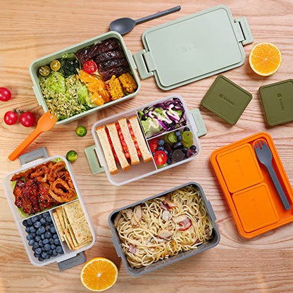 linoroso Stackable 2-Tier Adult Bento Box, 4 Compartments - Pale Mint | leakproof bento lunch box with fork & spoon + sauce cups, microwave/dishwasher safe, perfect for office, school & daily meals - color: Pale Mint