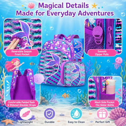 gxtvo 3PCS Girls Backpack, 16" Sequin Prechool Elementary Bookbag and Lunch Box - color: Fish Tail Purple