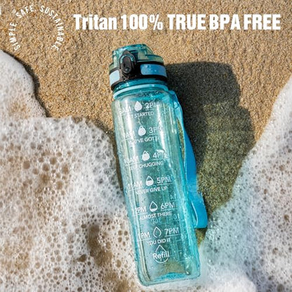 OLDLEY Water Bottle, 32oz Motivational Sports Water Bottle with Time Marker - Times to Drink - Tritan, BPA Free, Wide Mouth Leakproof,Surfer - color: Surfer