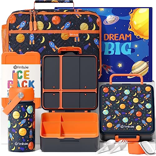 Fimibuke Kids Bento Lunch Box with 4 Compartments, Insulated lunch Bag, Stainless Steel Insulated Water Bottle, Ice Pack & Utensils Set, Birthday Gifts for Ages 3-12 Back to School Toddler Girls Boys - color: A4. Space