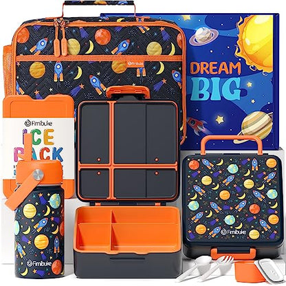 Fimibuke Kids Bento Lunch Box with 4 Compartments, Insulated lunch Bag, Stainless Steel Insulated Water Bottle, Ice Pack & Utensils Set, Birthday Gifts for Ages 3-12 Back to School Toddler Girls Boys - color: A4. Space