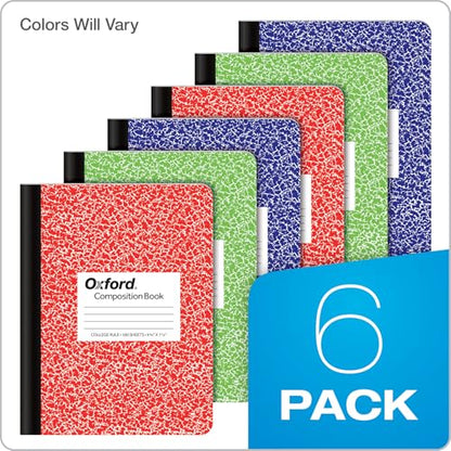 Oxford Composition Notebook 6 Pack, College Ruled Paper, 9-3/4 x 7-1/2 Inches, 100 Sheets, Assorted Marble Covers. 2 Each: Blue, Green, Red (63763)
