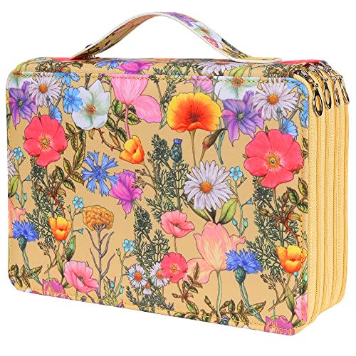 Vomgomfom 200 Slots Pencil Bag, 4-Layer Zipper Portable Art Supply Organizer, PU Leather Large Capacity Colored Pencil Case with Handle for 200 Watercolor Pens, Gel Pens (Yellow Flower) - color: H Yellow Flower, size: 200 Slots