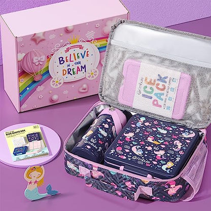Fimibuke Kids Bento Lunch Box with 4 Compartments, Insulated lunch Bag, Stainless Steel Insulated Water Bottle, Ice Pack & Utensils Set, Birthday Gifts for Ages 3-12 Back to School Toddler Girls Boys - color: A2. Mermaid