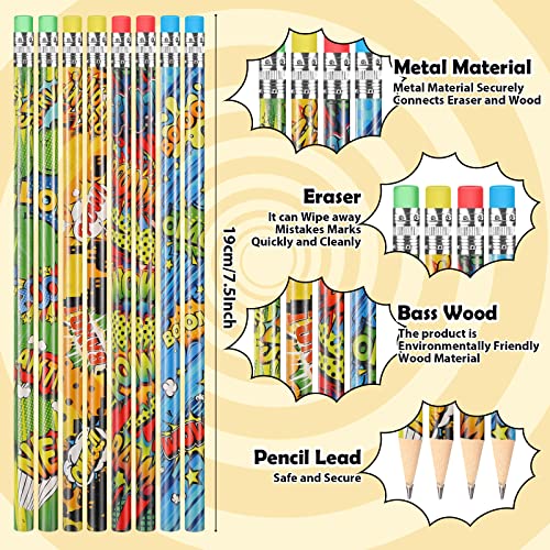 Fainne 72 Pieces Hero Cylinder Wood Pencils with Eraser, Snap Wham Pow Pencil 4 Patterns Assorted Pencil for Rewards, Party Favors, Goodie Bags, Gifts