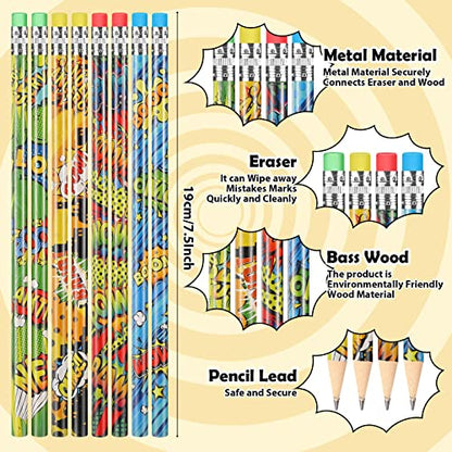 Fainne 72 Pieces Hero Cylinder Wood Pencils with Eraser, Snap Wham Pow Pencil 4 Patterns Assorted Pencil for Rewards, Party Favors, Goodie Bags, Gifts