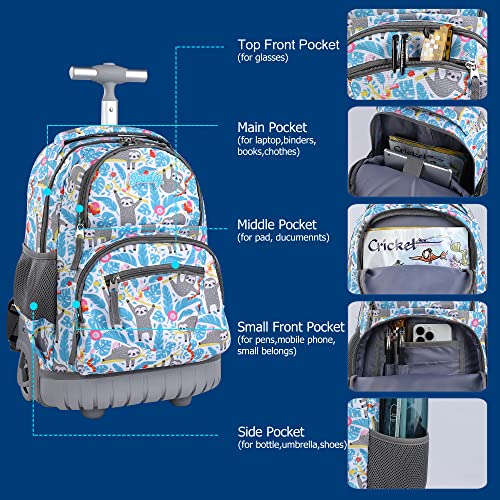 seastig Rolling Backpack 16 inch Wheeled Backpack with Lunch Bag & Pencil Case Roller Backpack Set Carry-on Bag School Travel - color: Sloth