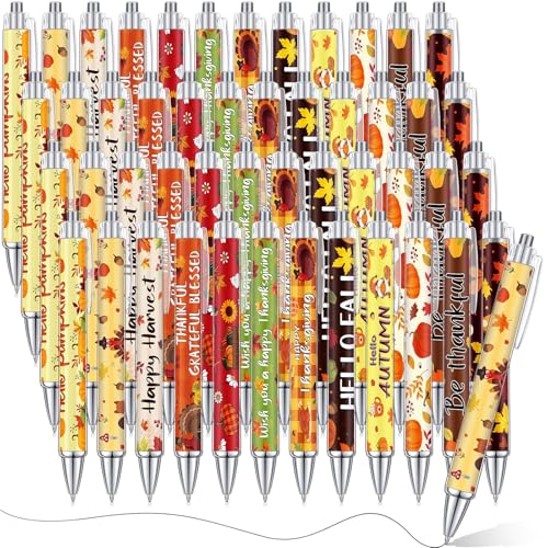 Cholemy 48 Pcs Thanksgiving Pens Bulk Fall Ballpoint Pens Autumn Maple Leaf Pumpkin Turkey Black Ink for Thanksgiving Party Autumn Harvest Gift Office Supplies - style: Fall