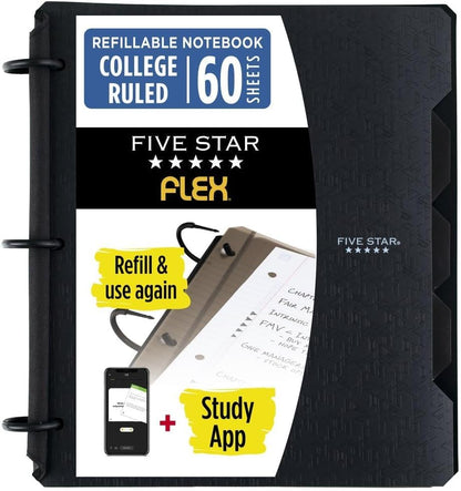 Five Star Flex Refillable Notebook + Study App, College Ruled Paper and 1 Inch TechLock Ring Binder with Pockets, Tabs and Dividers, 200 Sheet Capacity, Black (29328AA2) (Pack of 6) - color: Black, size: 1 Count (Pack of 6)