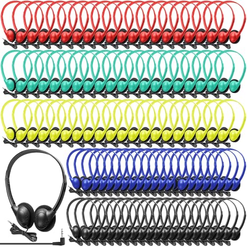 Hoteam 100 Pack Headphones for Classroom Bulk Students Adjustable Headphones Wired Pack Black Over the Head Earphones with 3.5 mm Plug for School Library Museums Charity Donate(Mixed Colors) - color: Mixed Colors, style: Classic