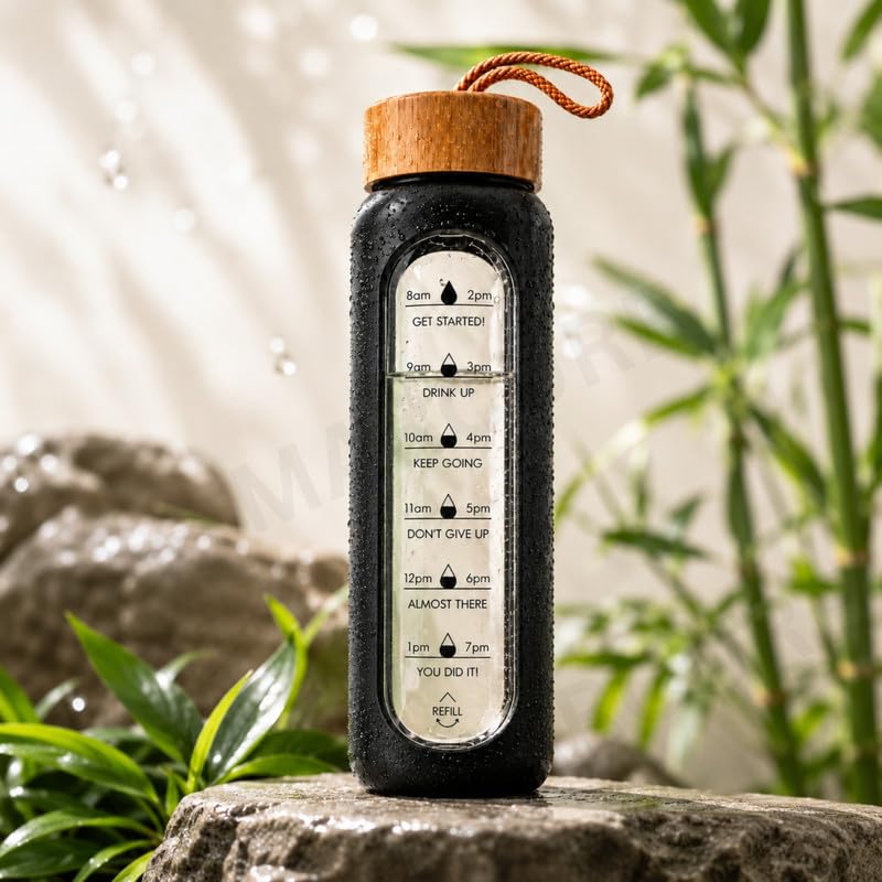 1 Litre Borosilicate Glass Water Bottle, Motivational Hydration Tracker Bottle with Bamboo Lid, Protective Silicone Sleeve | Reusable Bottle, Leak-Proof, BPA-Free, Time Marker, Black - color: Black