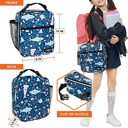 opux Insulated Lunch Bag for Kids Boys Girls, Small Compact Lunch Box with Wide Opening & Mesh Pockets, Reusable Lunch Pail for School, Work, Adults, Men, Women, Blue Shark - color: Blue Shark