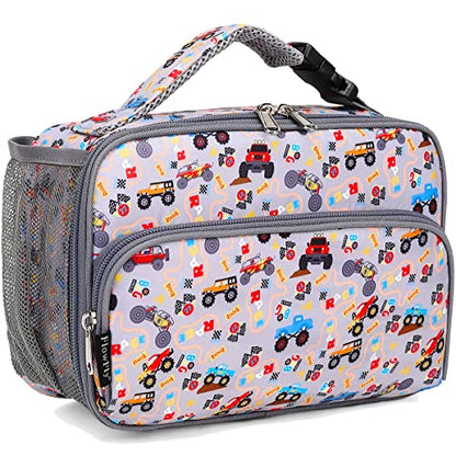 FlowFly Kids Lunch box with buckle Insulated Cooler Back to School Thermal Meal Tote Kit for Girls, Boys, Truck - color: M&Truck