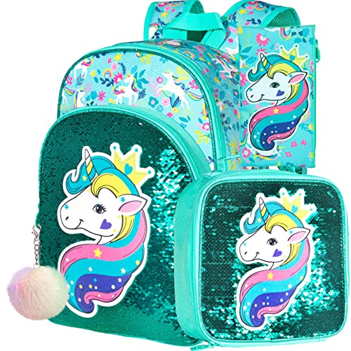 gxtvo 3PCS Girls Backpack, 16" Sequin Prechool Elementary Bookbag and Lunch Box - color: Unicorn Green