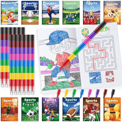 BenLouis 24 Sports Mini Coloring Books Kids with 24 Stacking Crayons Sports Party Favors Activity Books Bulk for Kids Boys Sports Birthday Goodie Bag Gift Stuffer Classroom Reward - style: Sports