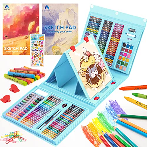 VigorFun Art Supplies, 240-Piece Drawing Art Kit, Gifts Art Set Case with Double Sided Trifold Easel, Includes Sketch Pads, Oil Pastels, Crayons, Colored Pencils, Watercolor Cakes, Stickers (Cyan) - color: Cyan
