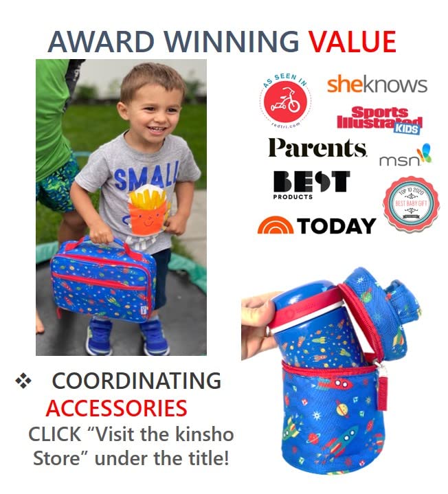 kinsho Bento Lunch Box, Water Bottle, Ice Pack Set For Kids Toddlers, 5 Portion Sections, Removable Plastic Tray, Small Pre School Daycare Lunches, Snack Container, Blue Red Space Rocket - color: Blue Red Rocket Set