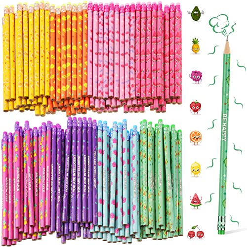 Leinuosen 200 Pcs Scented Pencils for Kids Cute Motivational Colorful Fun Wood HB Pencils Bulk with Erasers Fruit Elements for School Office Classroom Student