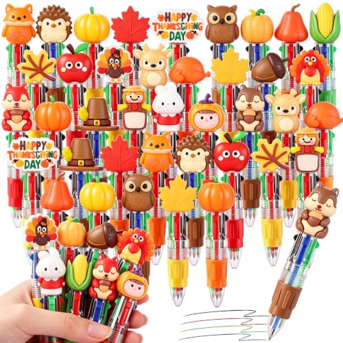 Vellibring 48Pcs Thanksgiving Fun Pens, Cute Autumn 4-in-1 Maple Leaf Pumpkin Turkey Animal Character MultiColor Pens Fall Harvest Party Favor Classroom Reward Stationery Gift - style: Thanksgiving-48pcs