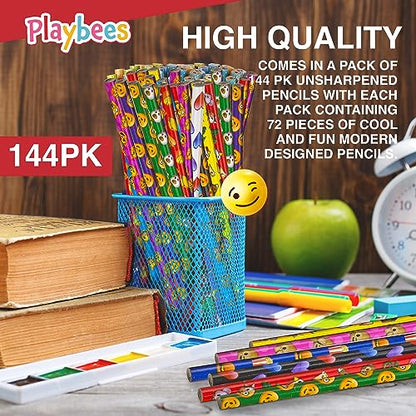 Playbees Emoticon No 2 Pencils for Kids - 144 Pack Bulk Kids Pencils #2 with Erasers - Assorted Smiley Birthday Party Favors, Classroom Prizes, Goody Bag Stuffers, Teacher's Educational Supplies - style: 144 Pack