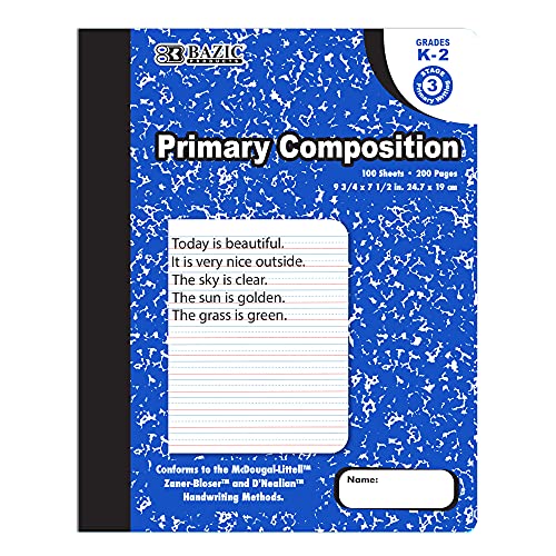 BAZIC PRODUCTS Primary Composition Notebook, Grades K-2, Marble, 100 Ct | 100 sheets (200 pages), 9.75 x 7.5 in, dashed mid-line primary ruling, Center-sewn - size: 1-Pack