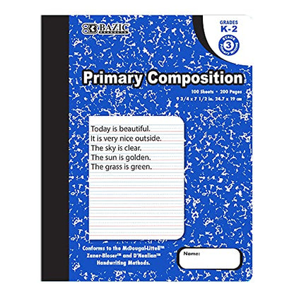 BAZIC PRODUCTS Primary Composition Notebook, Grades K-2, Marble, 100 Ct | 100 sheets (200 pages), 9.75 x 7.5 in, dashed mid-line primary ruling, Center-sewn - size: 1-Pack