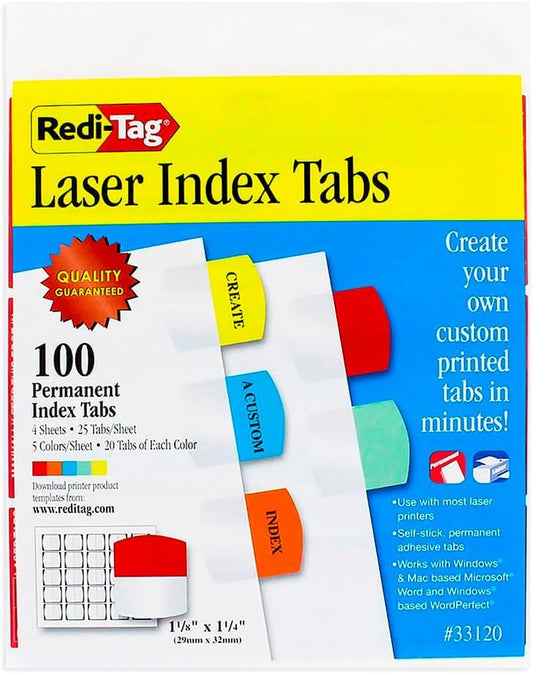 Redi-Tag Laser Index Tabs, Divider Tab, Permanent Adhesive Indexes, Customizable Divider Labels, 1-1/8" x 1-1/4", Assorted Colors, 100 tabs (B33120) (Pack of 12) - size: 100 labels (Pack of 12)