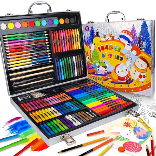 Cokiki Art Supplies, 184-Piece Drawing Art Set, Easter Christmas Holiday Birthday Art Kit for Kids 4 5 6 7 8 9+ with Colored Pencils,Crayons,Oil Pastels,Watercolor Paint Set - color: Joy Train