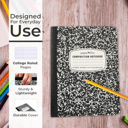 6 Pack Composition Notebook College Ruled Bulk, 200 Pages (100 Sheets), 9-3/4 x 7-1/2", Hard Cover College Ruled Notebook Bulk, Black Marble Composition Notebooks, Bulk School Notebooks