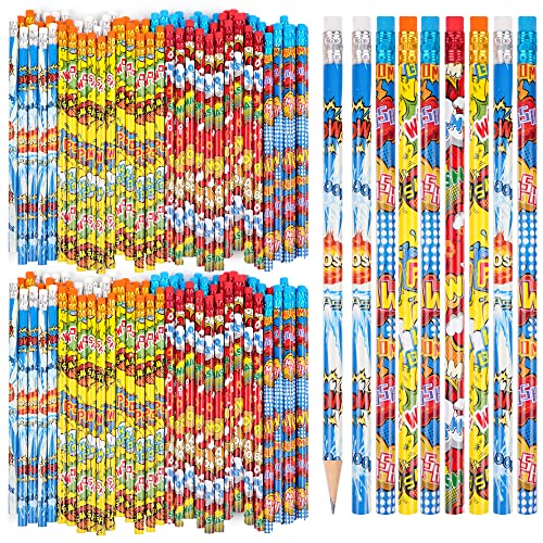 Kolewo4ever 200 Pieces Hero Text Pencils Cylinder Wood Pencils Pow Snap Wham Bang Elements Pencil 4 Style Assorted Students Pencil for Classroom Rewards Carnival Prizes