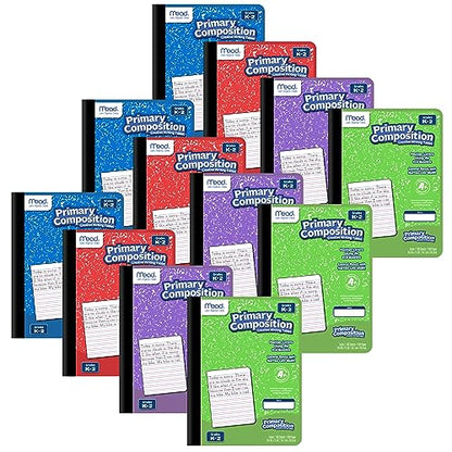 Mead Primary Composition Book, Primary Ruled Journal, Grades K-2, 7-1/2" x 9-3/4", 100 Sheets per Comp Book, Colors Will Vary, 12 Pack (610054-ECM) - size: Pack of 12, style: Grades K-2