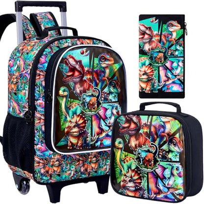 AGSDON 3PCS Rolling Backpack for Girls and Boys, Kids Roller Wheels Bookbag, Wheeled Elementary School Bag with Lunch Bag - color: Dinosaur Roller