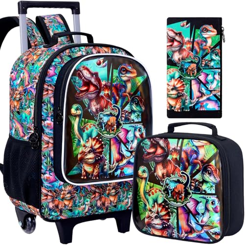 AGSDON 3PCS Rolling Backpack for Girls and Boys, Kids Roller Wheels Bookbag, Wheeled Elementary School Bag with Lunch Bag - color: Dinosaur Roller