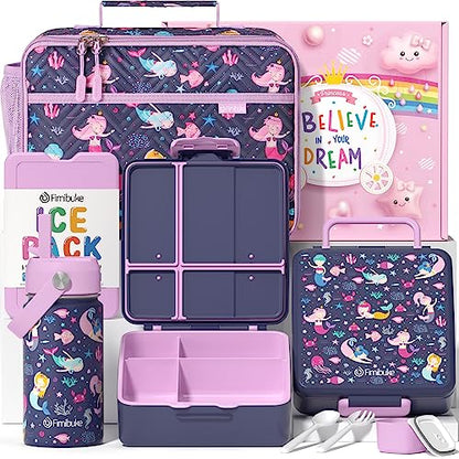 Fimibuke Kids Bento Lunch Box with 4 Compartments, Insulated lunch Bag, Stainless Steel Insulated Water Bottle, Ice Pack & Utensils Set, Birthday Gifts for Ages 3-12 Back to School Toddler Girls Boys - color: A2. Mermaid