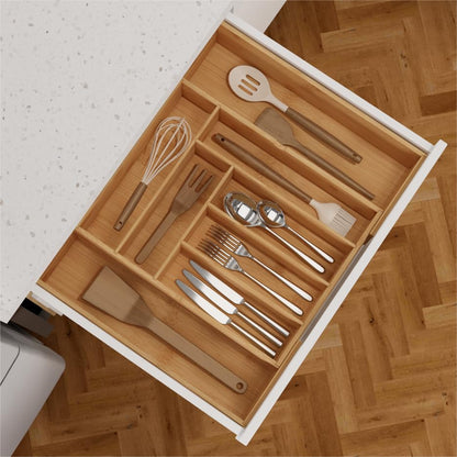 BAMEOS 3.9inch Tall Bamboo Drawer Organizer, Expandable Utensil Holder with 8 Compartments, Adjustable Kitchen Drawer Divider for Flatware, Silverware and Gadgets, Deep Storage for Home and Office - size: 3.9''H 22X16