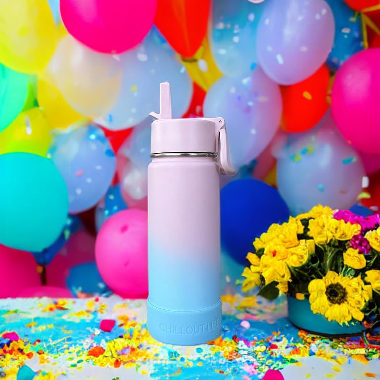 CHILLOUT LIFE 17oz Kids Insulated Stainless Steel Water Bottle with Leak Proof Straw Lid & 144 Stickers - color: Cotton Candy, style: 17 oz