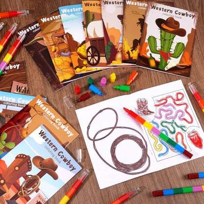 BenLouis 24 Western Cowboy Mini Coloring Books Kids With 24 Stacking Crayons Wild West Party Favors Activity Books Bulk for Kids Yee Haw Rodeo Goodie Bag Gift Stuffer Classroom Reward - style: Western Cowboy