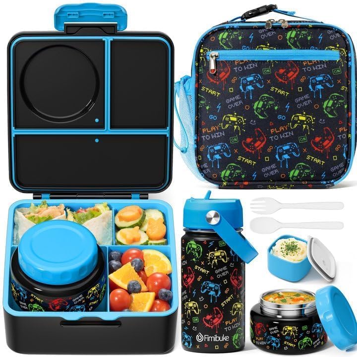 Fimibuke Bento Box for Kids Adult - Leakproof 3-4 Compartments Lunch Bento Box Set with Insulated Food Jar, Water Bottle, Lunch Bag, Sauce Cup & Cutlery for Toddler Teen Shcool Girl Boy Age 3+ - color: A3.Gamepad