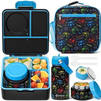 Fimibuke Bento Box for Kids Adult - Leakproof 3-4 Compartments Lunch Bento Box Set with Insulated Food Jar, Water Bottle, Lunch Bag, Sauce Cup & Cutlery for Toddler Teen Shcool Girl Boy Age 3+ - color: A3.Gamepad