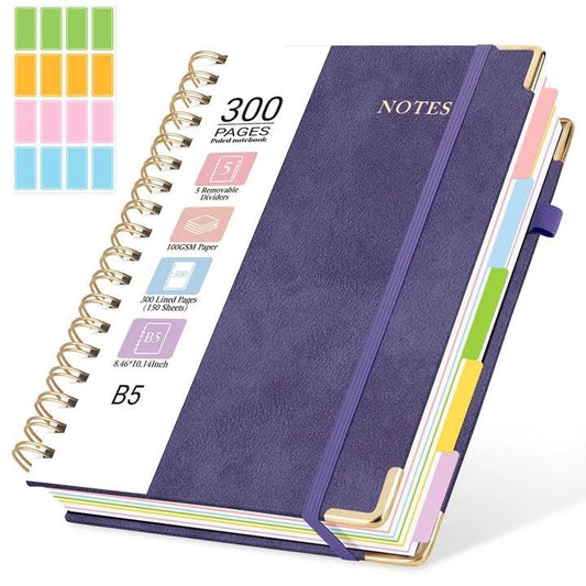 Hardcover Spiral Journal Notebook, 300 Pages 5 Subject Notebook College Ruled with Removable Dividers Tabs, 8" x 10" Notebooks for Work, Spiral Ruled Lined Writing Journal Hardcover Leather Notebook for School (Purple, 8''x 10'') - color: Purple