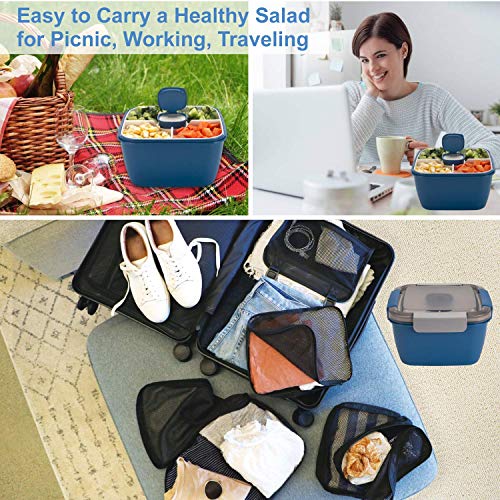 Freshmage Salad Lunch Containers To Go, 52 oz Bowls with 3 Compartments, Dressings Container for Toppings, Men, Women (Blue+Blue) - color: Blue+Blue