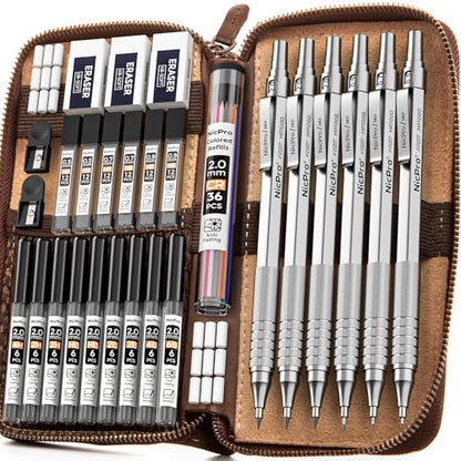 Nicpro 30PCS Silver Metal Mechanical Pencils Set in Leather Case, Art Drafting Pencil 0.5, 0.7, 0.9 mm, 2mm Lead Pencil Holder for Sketching Drawing With 16 Tube (6B 4B 2B HB 2H 4H Colors)Lead Refill - color: Silver