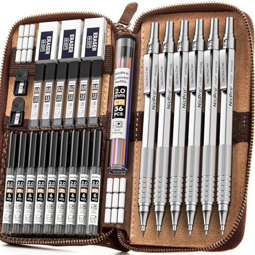 Nicpro 30PCS Silver Metal Mechanical Pencils Set in Leather Case, Art Drafting Pencil 0.5, 0.7, 0.9 mm, 2mm Lead Pencil Holder for Sketching Drawing With 16 Tube (6B 4B 2B HB 2H 4H Colors)Lead Refill - color: Silver